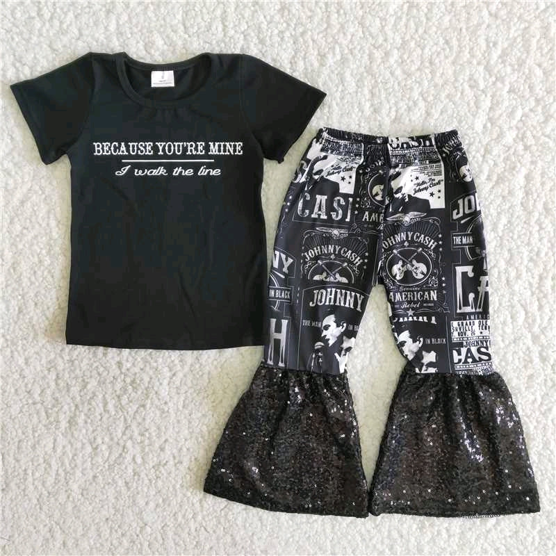 C6-13  because you're mine letters singer cash sequins black short sleeve bell bottom pants girl outfit RTS