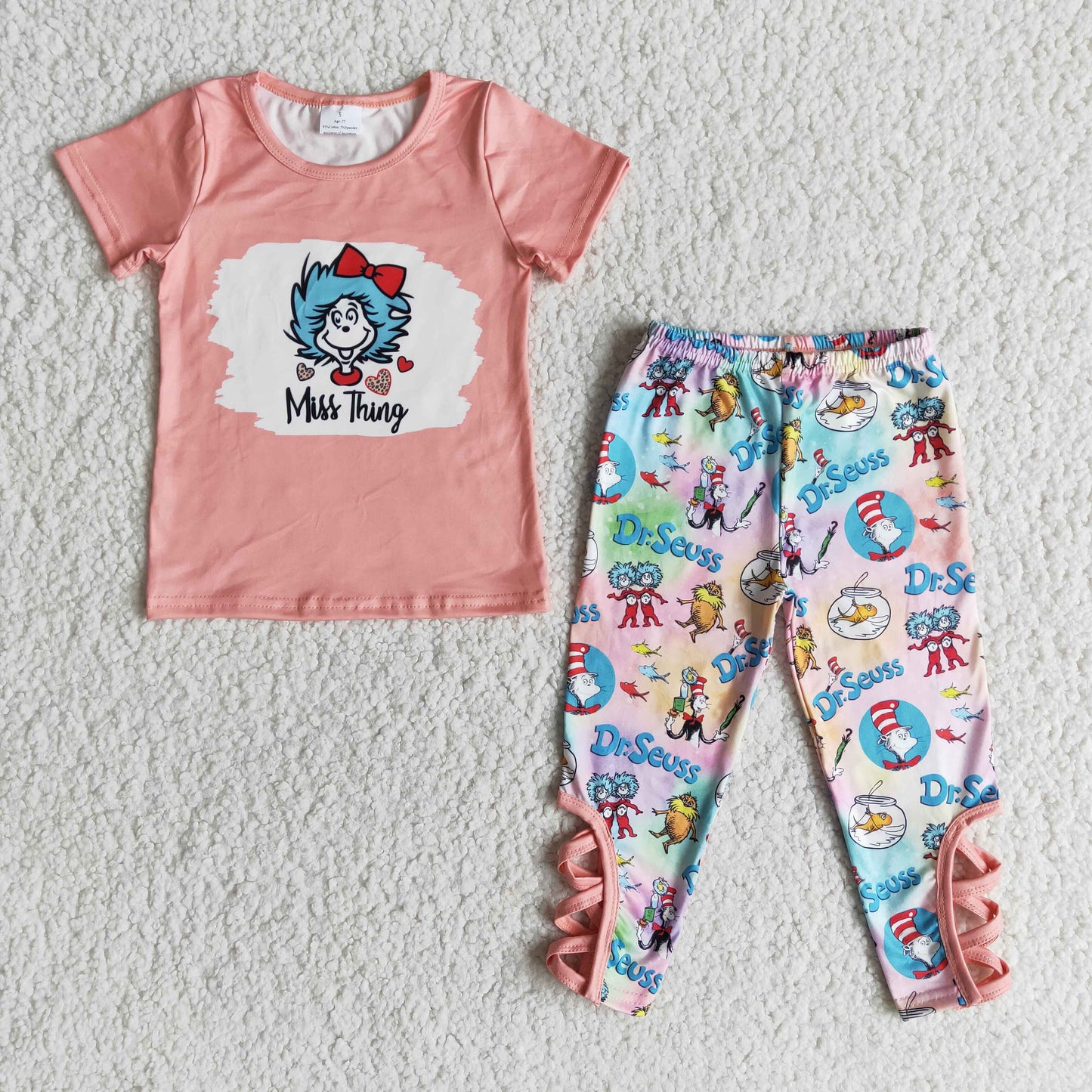 PROMOTION E7-16 miss thing letters reading  cartoon pink short sleeve legging girl outfit 20230111