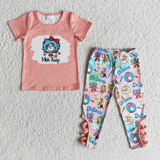 PROMOTION E7-16 miss thing letters reading  cartoon pink short sleeve legging girl outfit 20230111