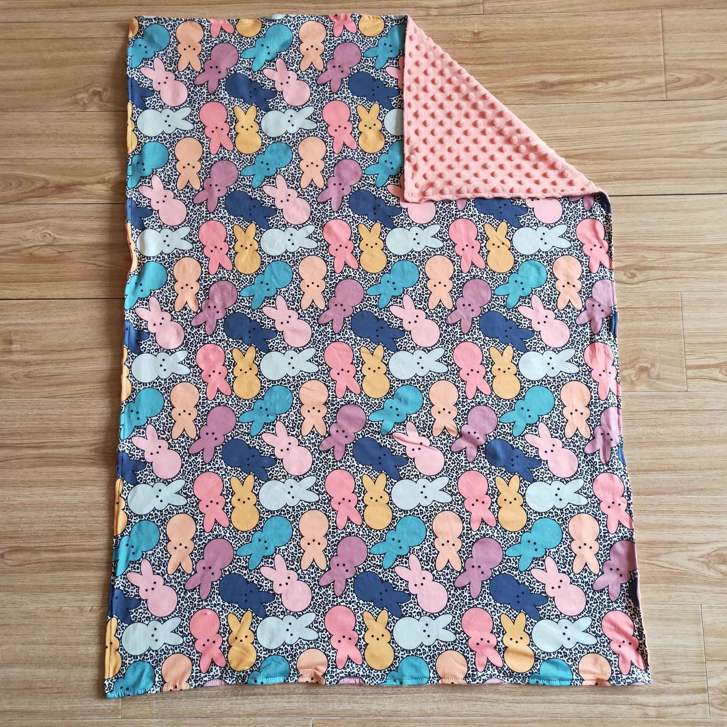 pink yellow blue rabbits leopard print blanket