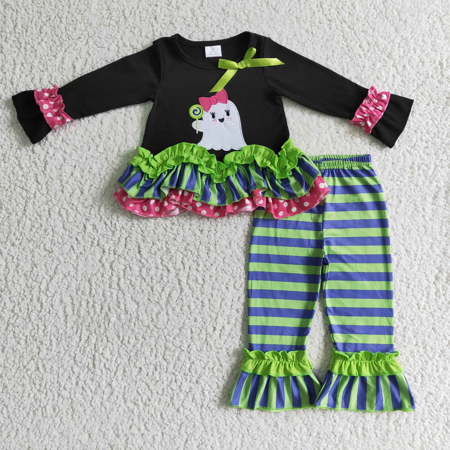 0922 RTS boo halloween long black sleeve stripe girl pajamas outfit