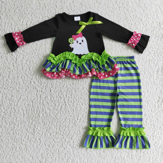 0922 RTS boo halloween long black sleeve stripe girl pajamas outfit