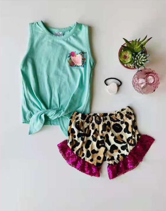 preorder green top short sleeve hot pink ruffle leopard shorts girl outfits 0406