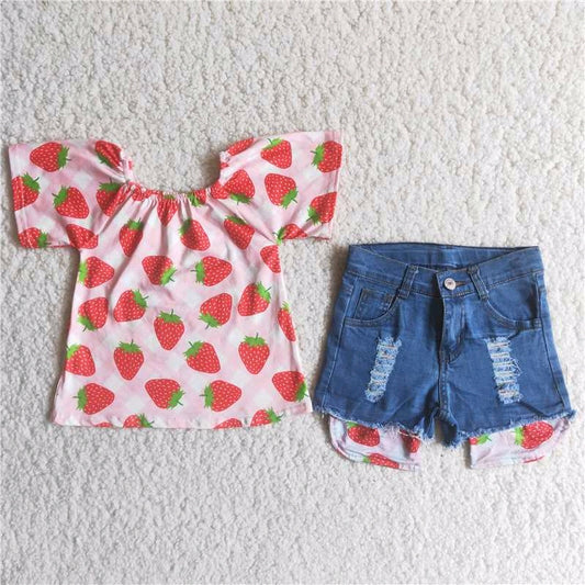 girl outfit strawberry pink denim shorts set