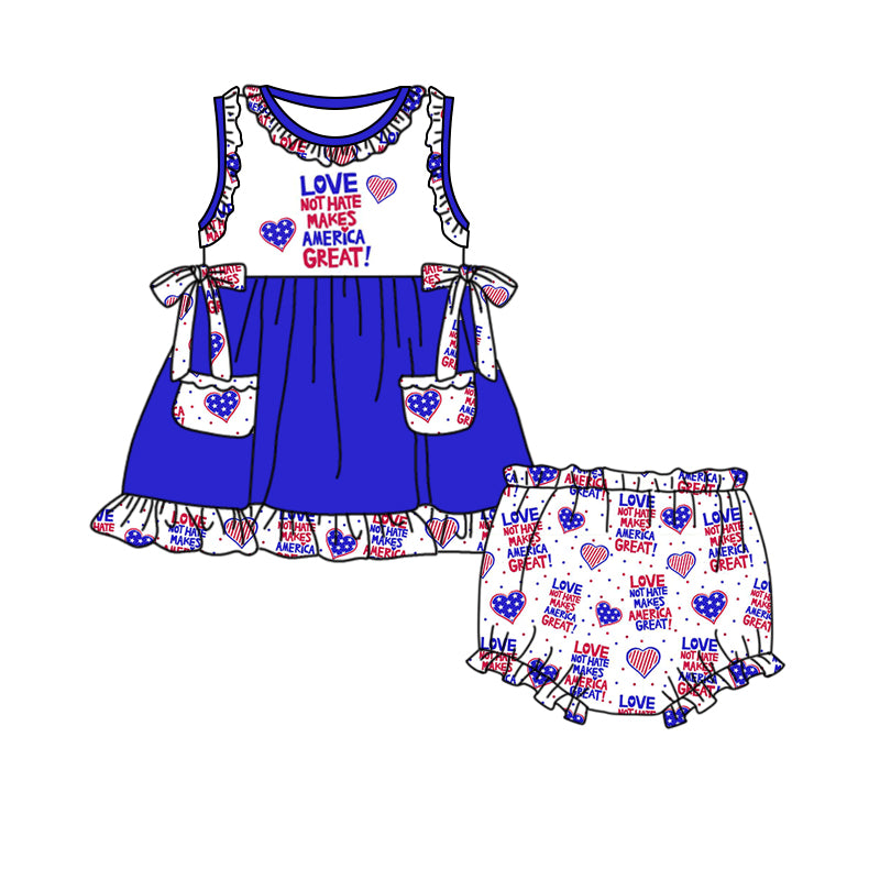 preorder love America not hate makes great bowes pocket 4th july blue top summer set girl short sleeve shorts outfit 0319