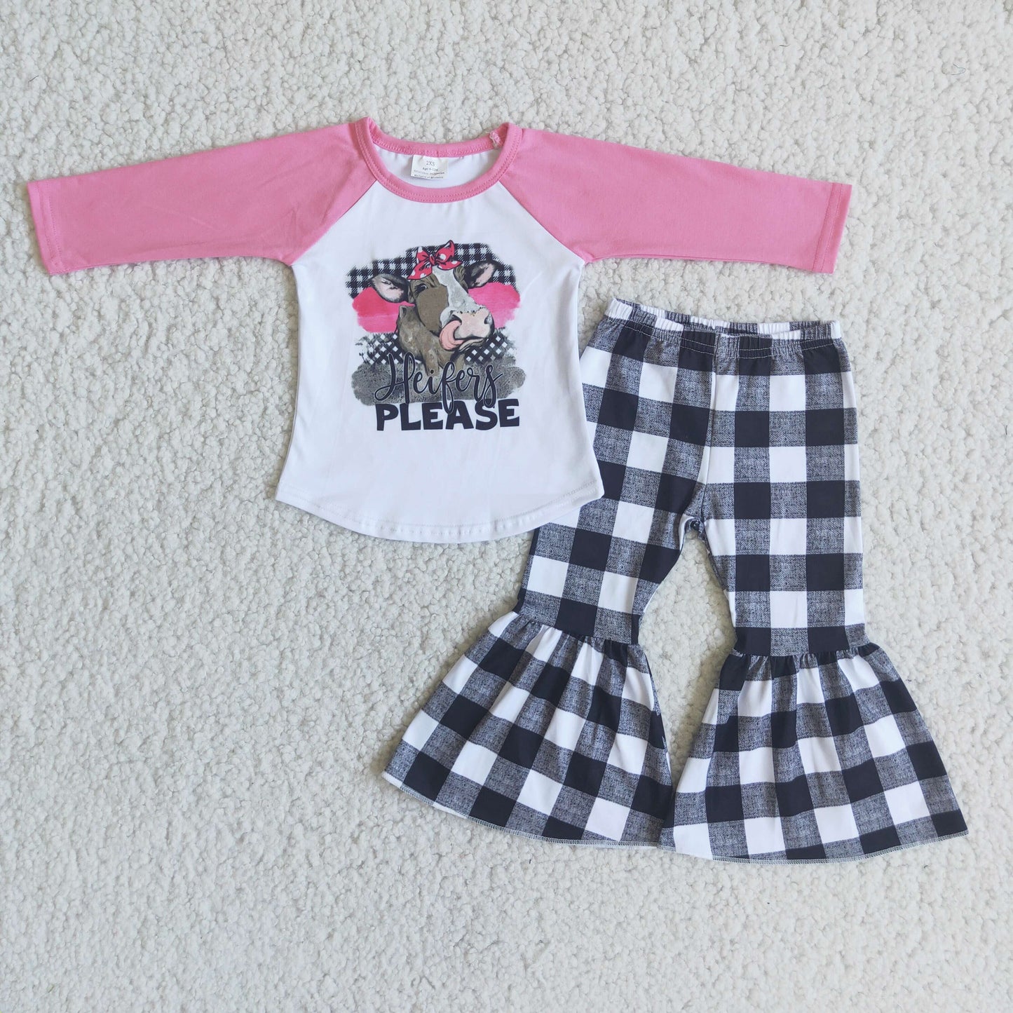 promotion Pink cow head raglan black plaid long sleeve bell bottom outfits RTS