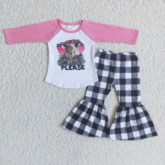 promotion Pink cow head raglan black plaid long sleeve bell bottom outfits RTS