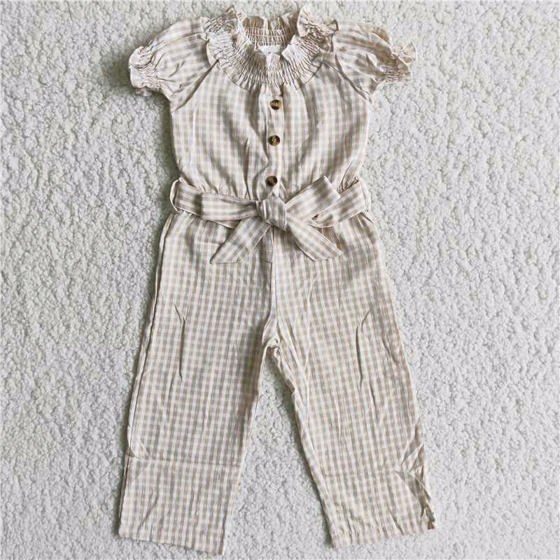 ruffles short sleeves yellow plaid belt buttons sling jumpsuit 0118 Jan