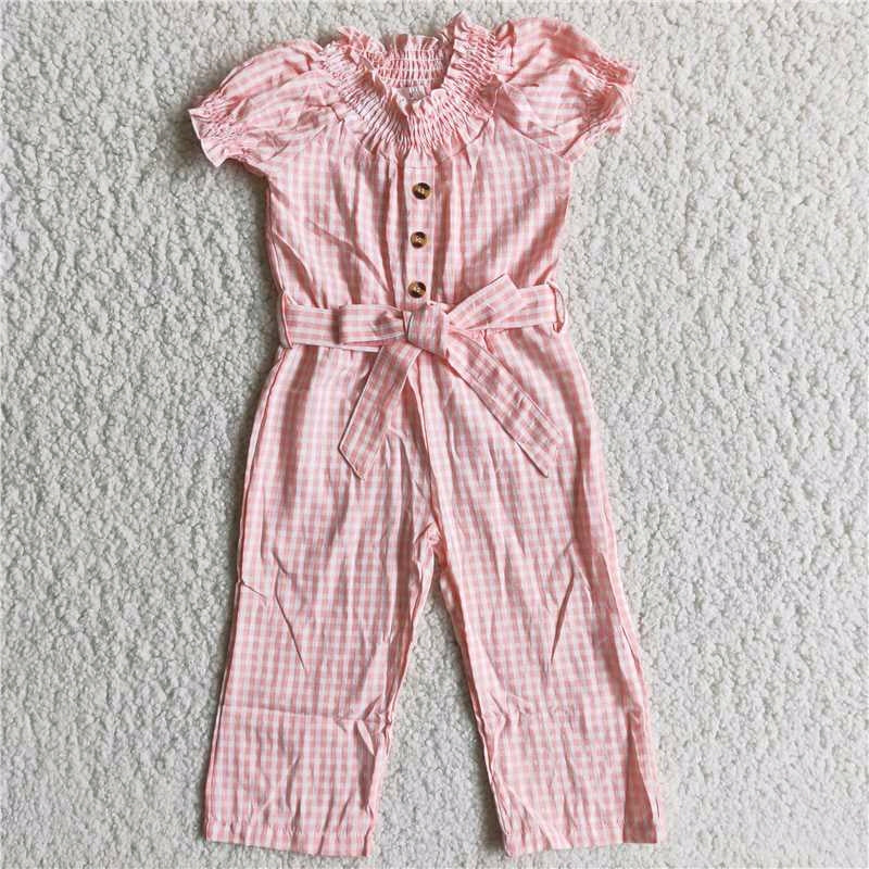 ruffles short sleeves pink plaid belt buttons sling jumpsuit 0118 Jan