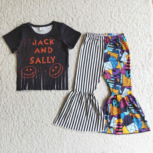 halloween girl tassels black short sleeve bell bottom pant outfit 0808 RTS