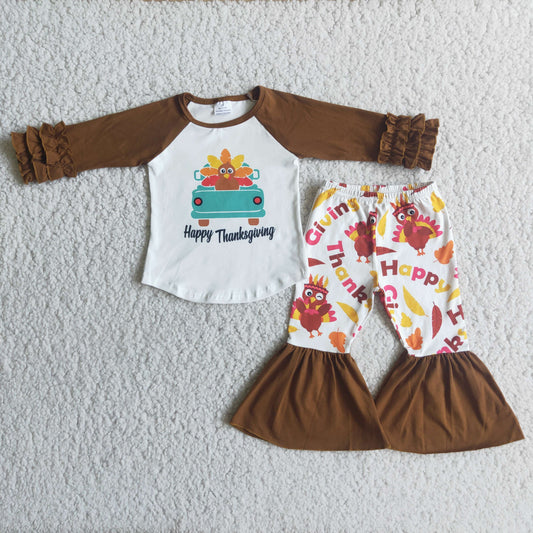 Brown turkey car print happy thanksgiving Long sleeve bell bottom outfits