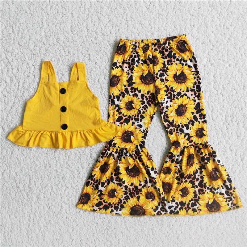 promotion RTS shoulder straps top yellow leopard print sunflowers sleeveless bell bottom pants outfits 0519