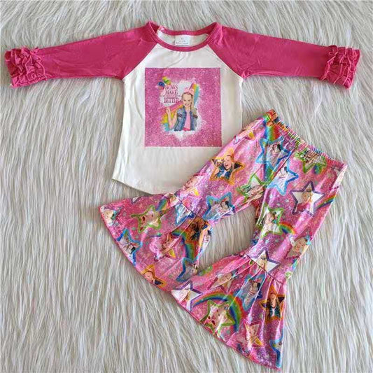 promotion 6 A26-5 Pink cartoon long sleeve top bell bottom pants outfit