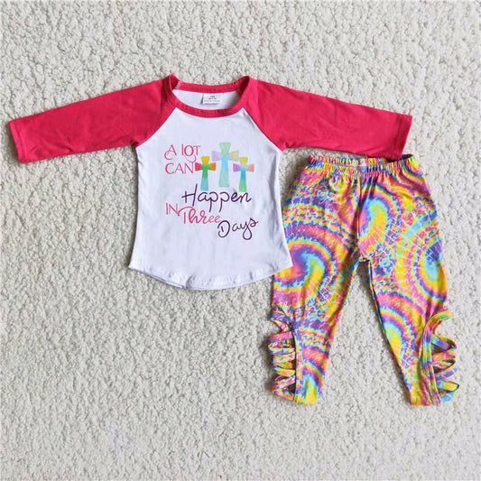 Easter girl cross pink tie-dyed long sleeve legging pants outfit