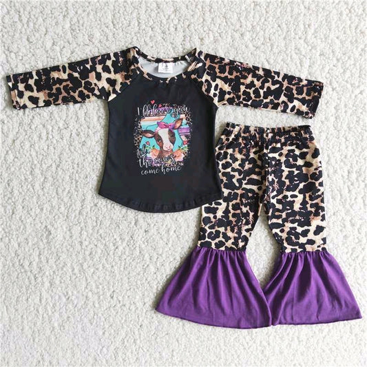 cow leopard print raglan black girl long sleeve bell bottom pant outfit