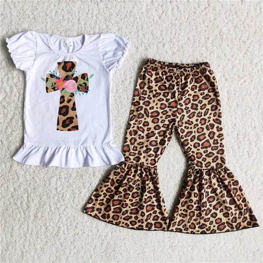 Easter girl cross leopard short sleeve bell bottom pants outfit