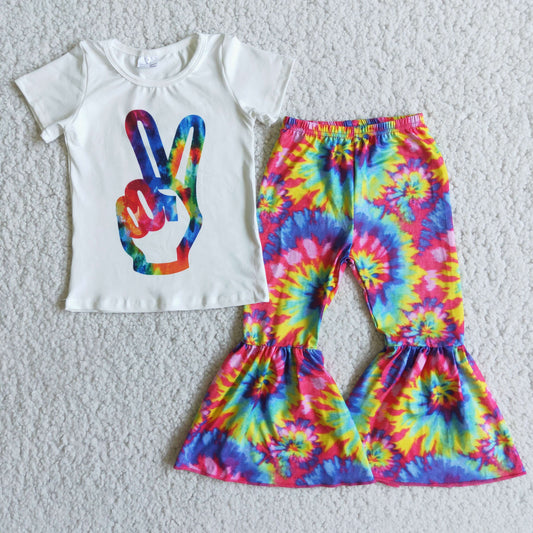 Aa-2 tie-dyed colorful short sleeve bell bottom girl outfit 20230412 RTS