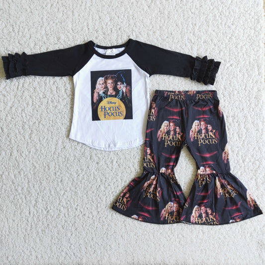 cartoon black ruffles raglan long sleeve bell bottom pant girl outfit