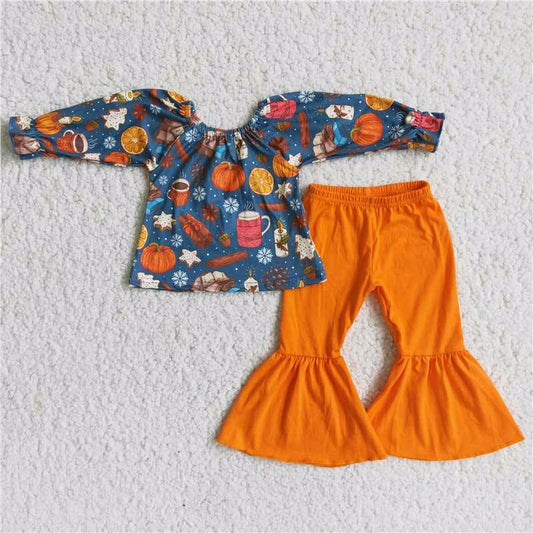 promotion 6 A2-29 blue pumpkin orange long sleeve bell bottom outfit 20230412 RTS