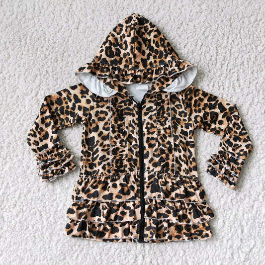 Ruffle leopard print zipper design hoodie loose kids coat 0429