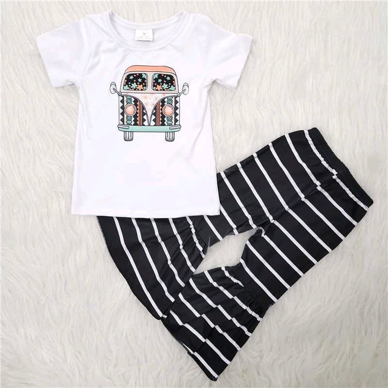 white black car stripe short sleeve bell bottom outfit