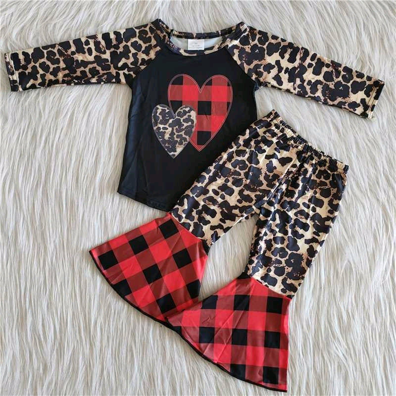 promotion Valentine girl love raglan leopard print plaid long sleeve bell bottom outfits promotion