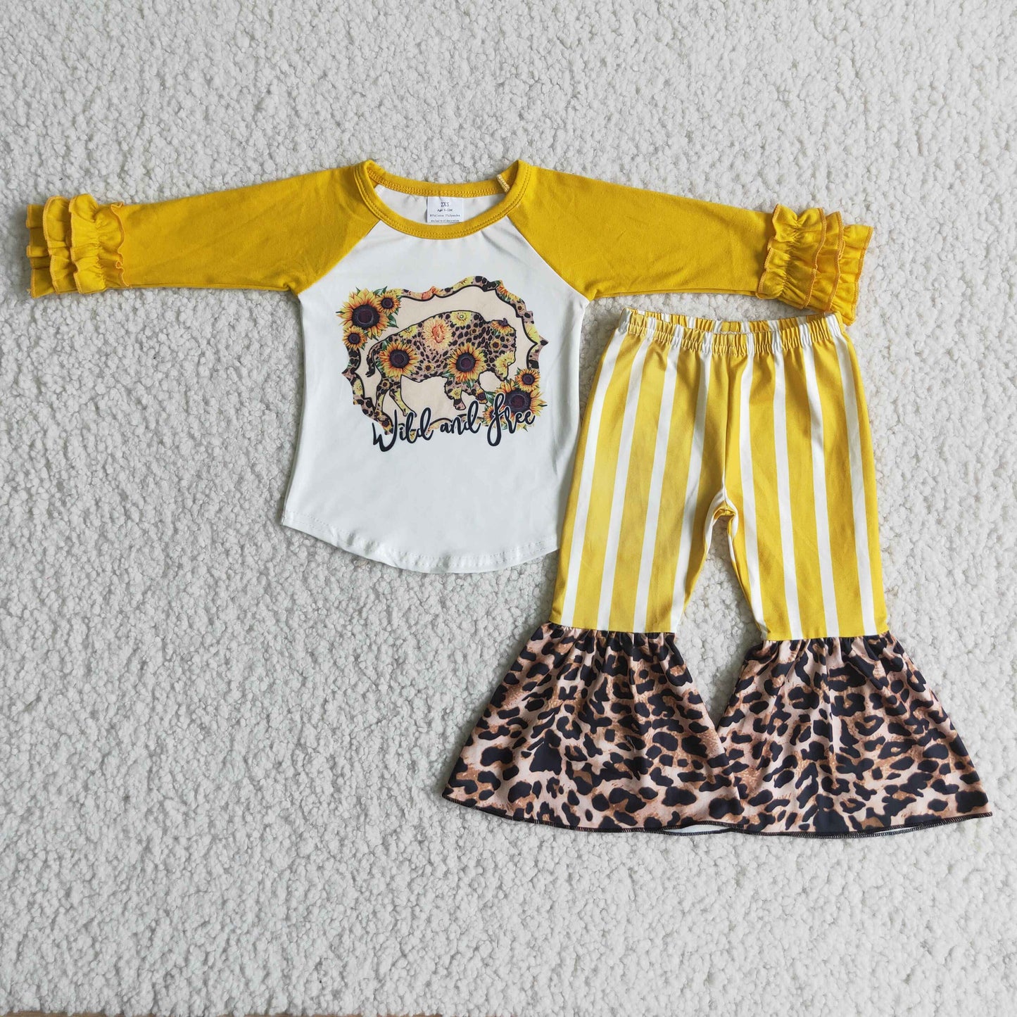 202410 Promotion  6 A0-3 sunflowers yellow raglan stripe leopard print long sleeve bell bottom outfit 20230731