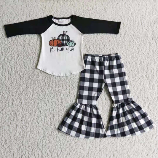 black raglan pumpkin plaid long sleeve bell bottom pant outfit halloween