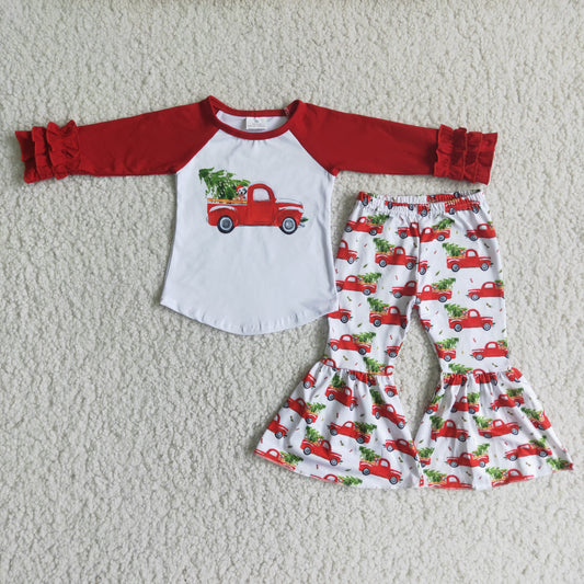 christmas girl tree red raglan ruffles car long sleeve bell bottom pant outfit