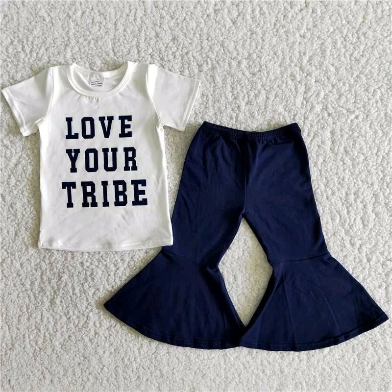 promotion B11-23 love your tribe letters white navy short sleeve bell bottom pant girl outfit 202405