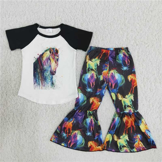 promotion B8-4 black raglan horse white short sleeve bell bottom outfit 20230102 RTS