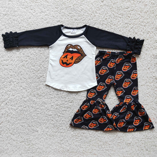 promotion 6 B1-4- Cartoon mouth pumpkin halloween black ruffles long sleeve bell bottom pant girl outfit 202408