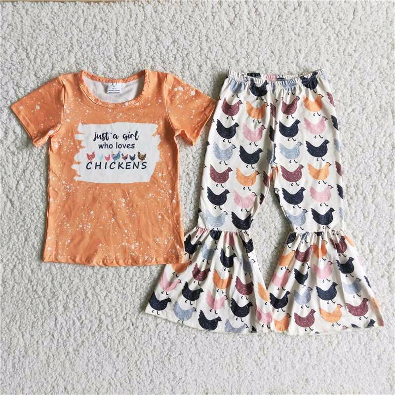 A2-9 girls orange chicken print short sleeve bell bottom outfit