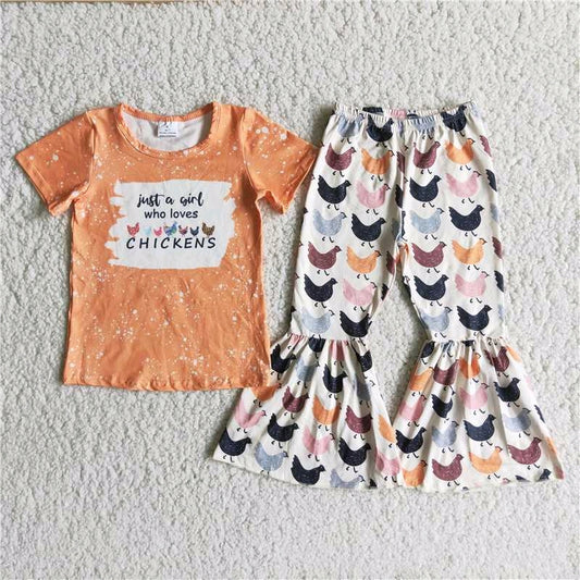 A2-9 girls orange chicken print short sleeve bell bottom outfit