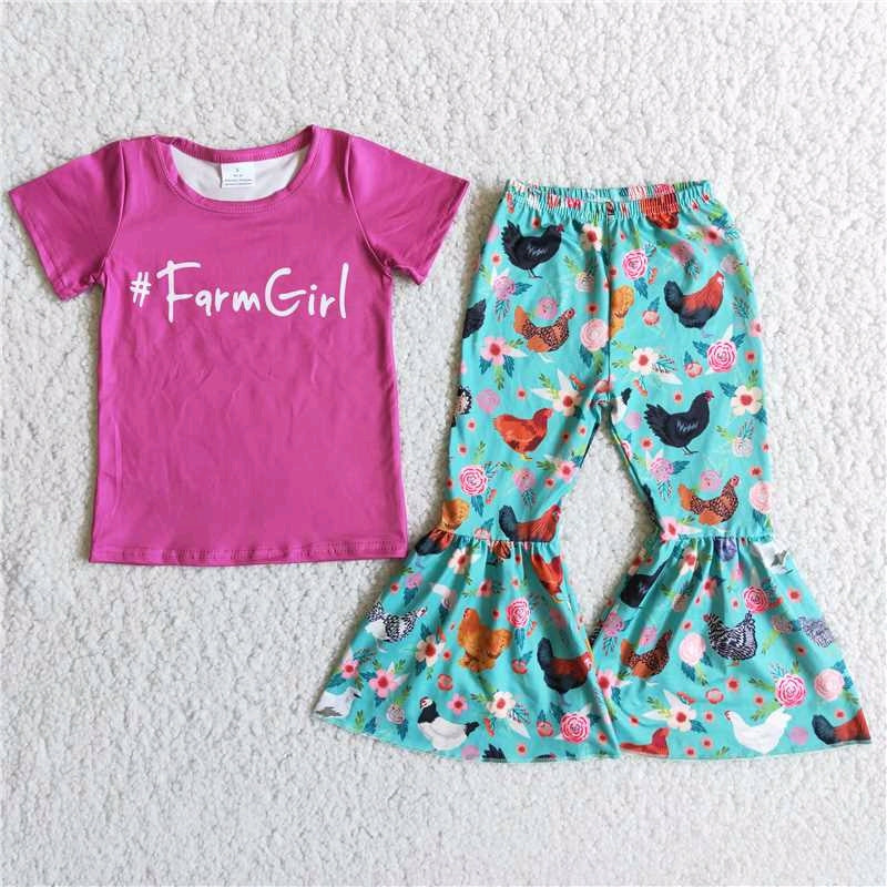 promotion farmgirl letters chickens hotpink short sleeve bell bottom outfit