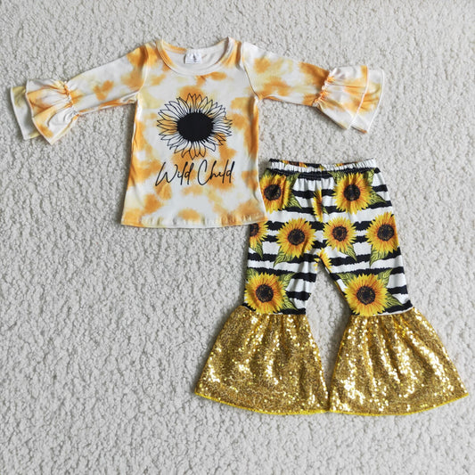 promotion 6 A10-13 Sunflower yellow ruffle stripe sequin long sleeve bell bottom pant outfits