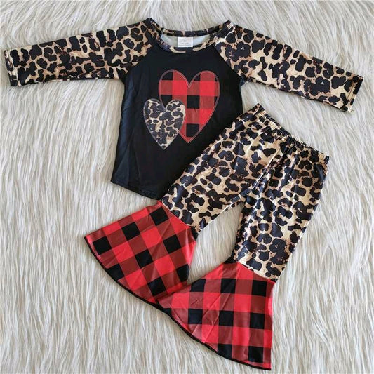 promotion red plaid love bell bottom  long sleeve  outfits