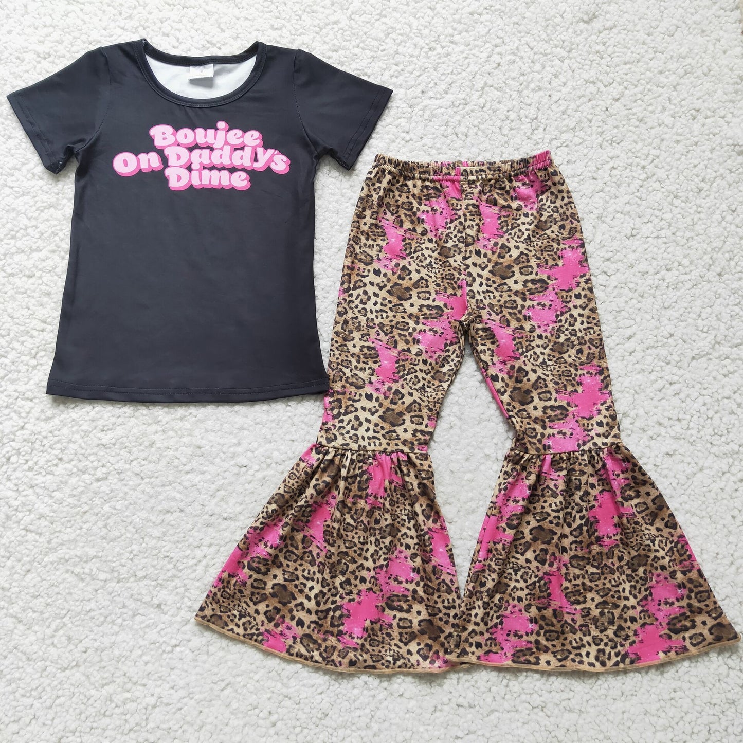 promotion E4-16 daddy time letters pink leopard print short sleeve bell bottom pant girl outfit 0722 RTS