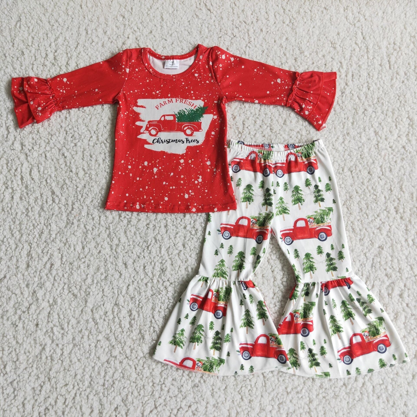 Christmas tree girl red car ruffle long sleeve bell bottom pant outfits