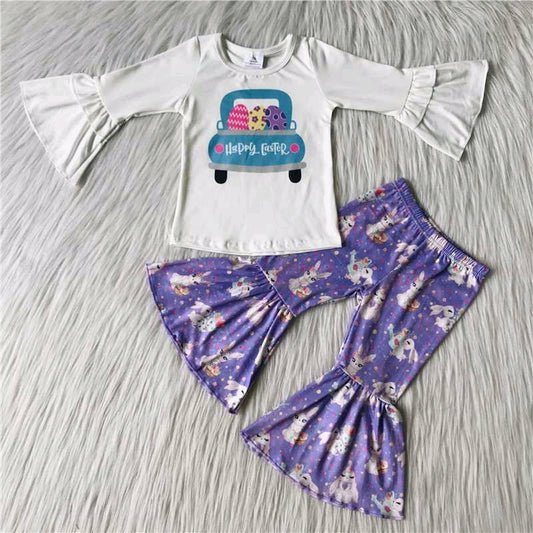 Car white cartoon eggs girl long sleeve bell bottom pant outfits