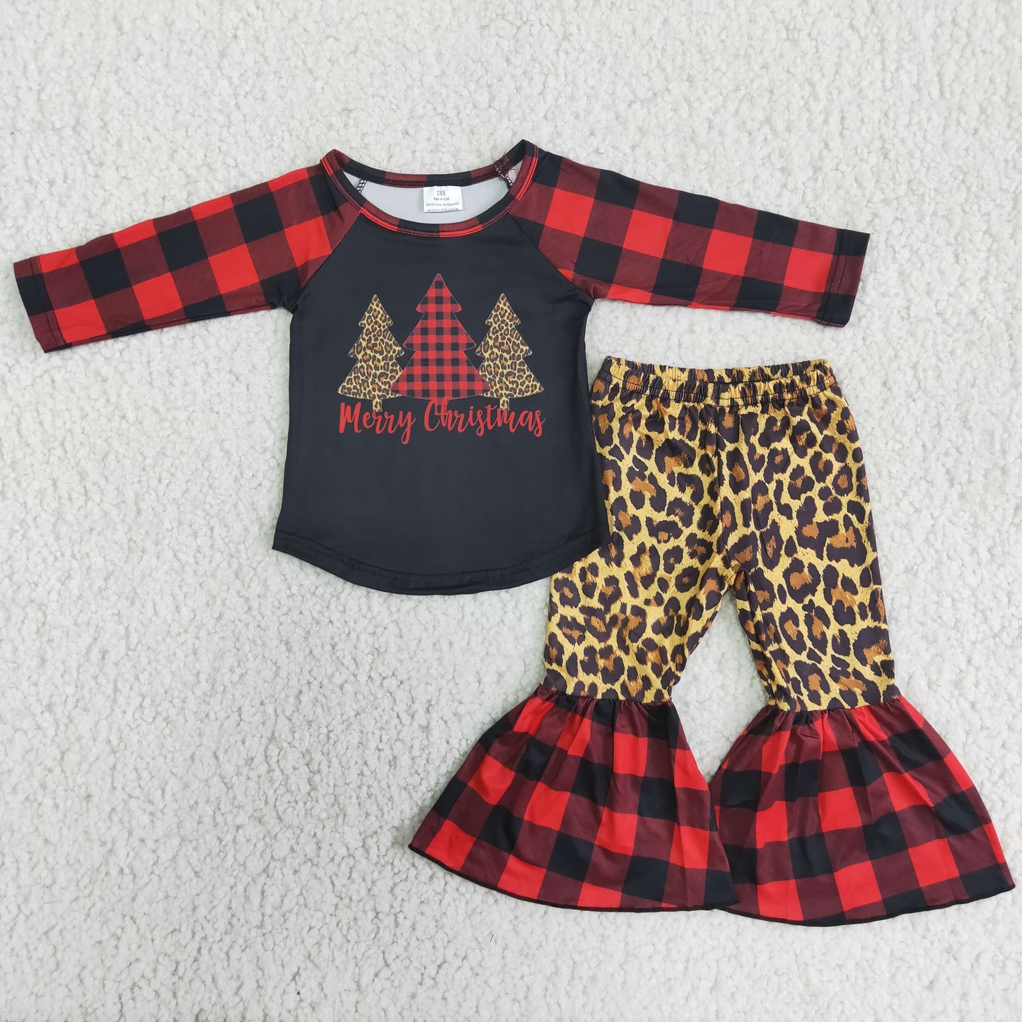 Christmas tree red black plaid leopard long sleeve bell bottom pant outfit 0726 RTS