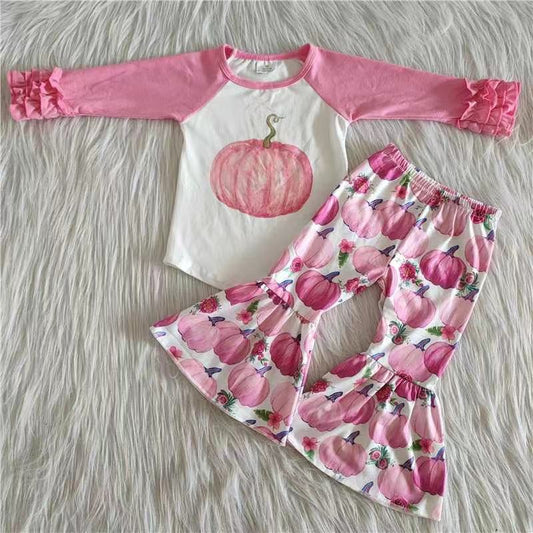 202410 Promotion  6 A8-30 pink raglan ruffles pumpkin long sleeve bell bottom outfit