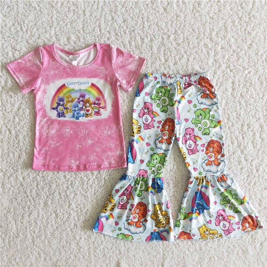 B4-22 Girl rainbow cartoon bear short sleeve girl outfit 20230426 RTS