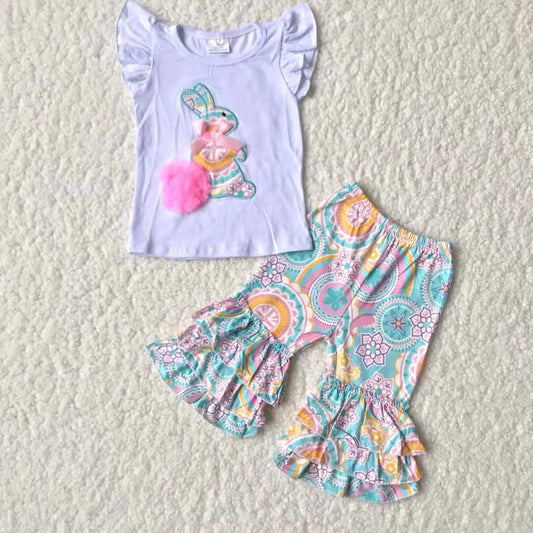 promotion Easter girl embroidery rabbit white flutter short sleeve pants outfit RTS