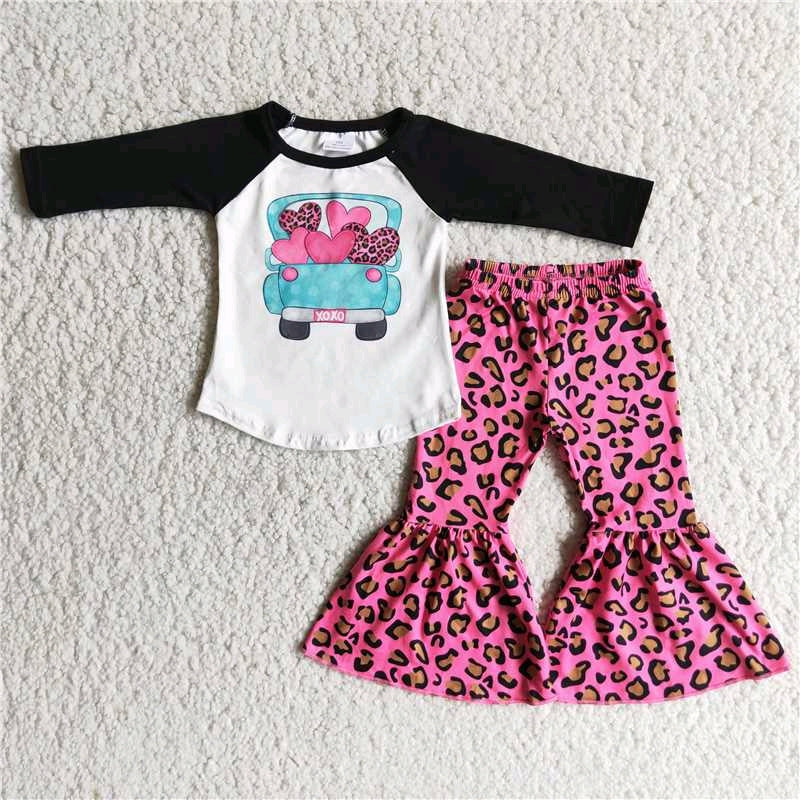 6 B7-24 Valentine girl love car pink leopard long sleeve girl outfits 1219 RTS