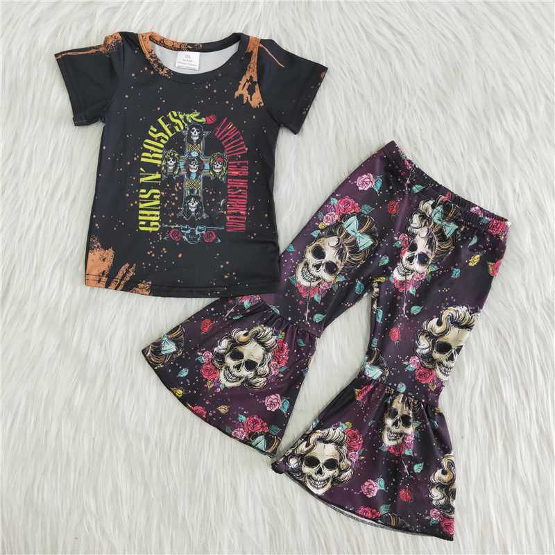 halloween black roses skull short sleeve bell bottom girl outfit