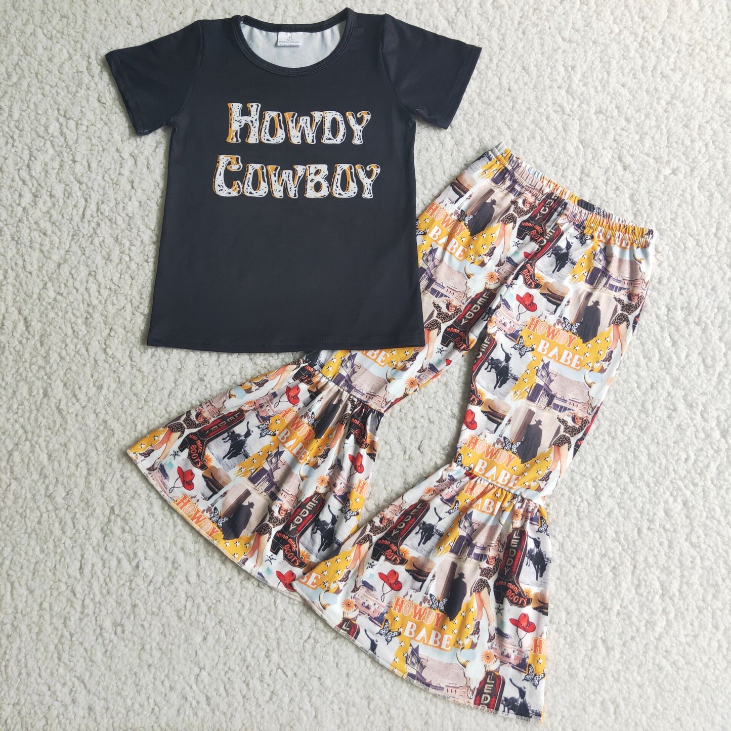 howdy cowboy letters black short sleeve bell bottom pant girl outfit