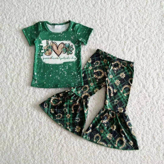 promotion RTS St. Patrick's Day girl green top plaid short sleeve bell bottom pants outfit 0504