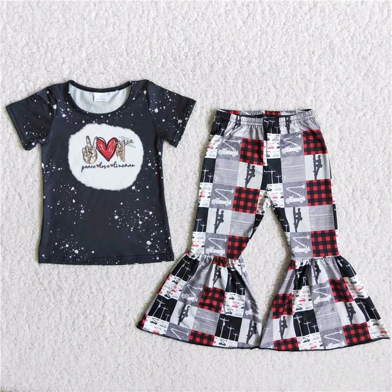 promotion  C12-1 Black girl grey white plaid short sleeve bell bottom pants outfit