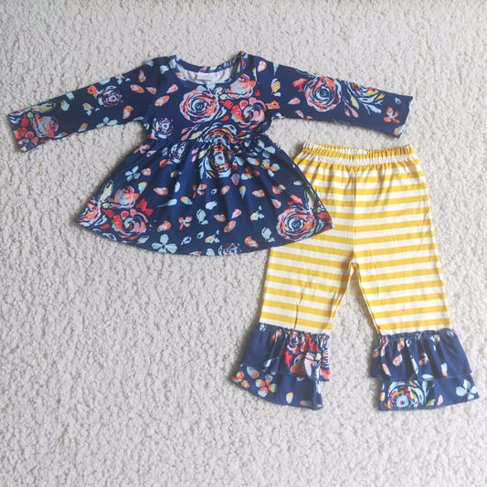 flower blue yellow stripe  bell bottom outfit